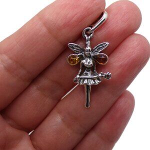 925 Sterling Silver and Baltic Amber Fairy Pendant Charm New